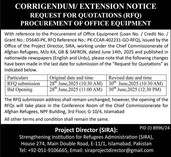 Strengthening Institution for Refugees Administration Islamabad Tender Notice